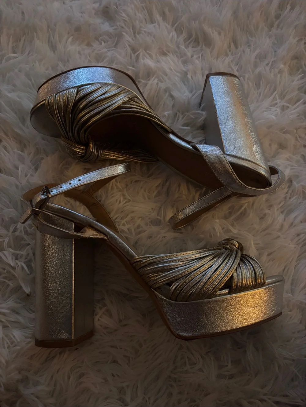 Express Metallic Gold Knot Front Ankle-Strap Heels